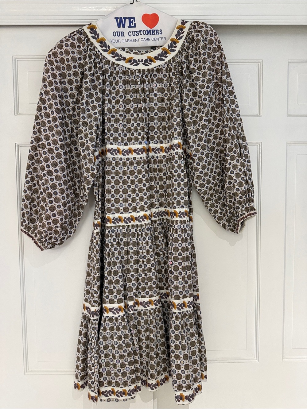Tory Burch Brown Patterned Long Sleeve Midi Dress with Yellow Trim
